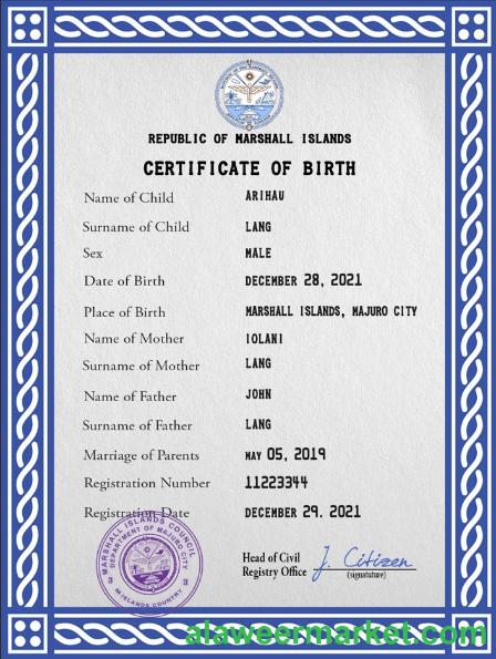 Marshall Islands vital record birth certificate PSD template